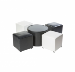 ชุดโต๊ะกลางกลมหุ้มหนัง Top กระจก + เก้าอี้สตูลลูกเต๋า สีขาว/สีดำ